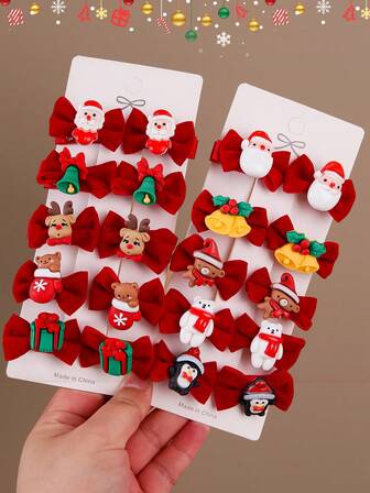 10个/套 女士圣诞蝴蝶结发夹，圣诞老人、驯鹿、圣诞袜、可爱公主侧刘海夹，多功能发夹，日常佩戴，发爪，发卡