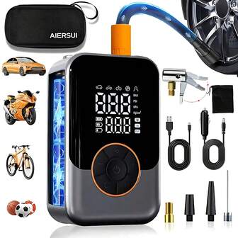 Mini inflador de neumáticos inalámbrico, compresor de aire portátil, bomba de aire inteligente para neumáticos de automóvil de 150 PSI con manómetro digital y luz de emergencia para automóvil/motocicleta/bicicleta/balón. 2 baterías de ión de litio de 1500 mAh/accesorios para automóvil con alimentación de CC/regalos navideños, bomba de bicicleta (tenga en cuenta que el modelo B solo funciona con batería, se recomienda el modelo D)