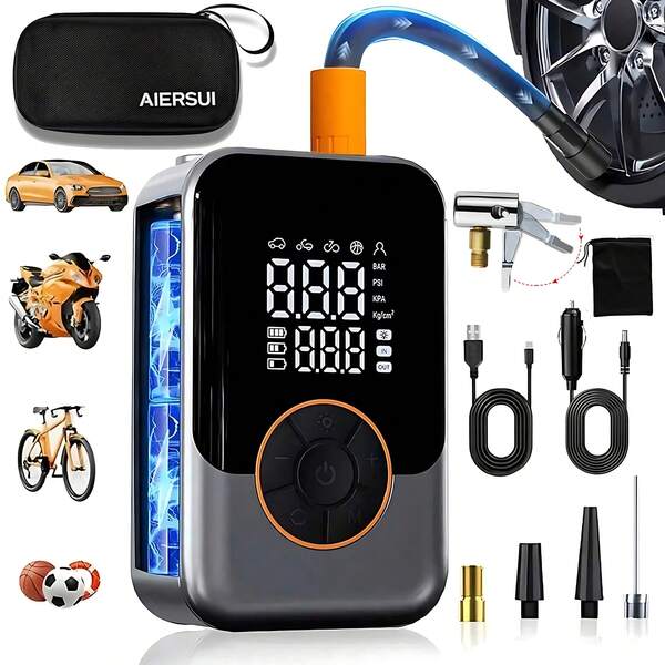 Mini inflador de neumáticos inalámbrico, compresor de aire portátil, bomba de aire inteligente para neumáticos de automóvil. Bomba de neumáticos de 150 PSI con manómetro digital y luz de emergencia para automóvil/motocicleta/bicicleta/balón. 2 baterías de ión de litio de 1500 mAh/accesorios para automóvil con alimentación de CC/regalos navideños, bomba de bicicleta (tenga en cuenta que el modelo B es solo con batería, se recomienda el modelo D)