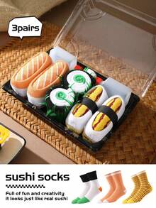 3 Pairs Novelty Sushi Themed Mid-Calf Socks Gift Box, 2026 Spring/Summer New Unisex Sports Socks, Imaginative Food-Inspired Creative Design, Knitted Fabric, Tall & Thick Soft Comfortable, Perfect For Easter/Birthday/Thanksgiving/Halloween/Christmas/Carnival/Valentine's Day/Family Gathering/Party, Quirky Abstract Daily Casual Wear - Multicolor - View 2