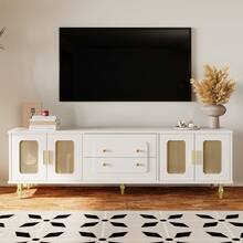 Low Cabinet, Retro-Style TV Stand: Gold Handles, Plenty Of Storage Space. With A Glass Door And Solid Wood Legs. - 白色+刨花板+70-79英寸 - 查看 7