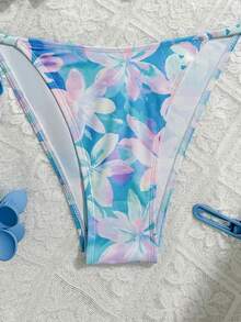 女士蓝粉色花卉荷叶边浪漫沙滩度假挂脖比基尼套装 - 藍粉 - 查看 3