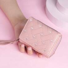Cartera pequeña con patrón de corazón, detalles de puntada, con cremallera, de cuero PU portátil para tarjeta de identificación, dinero, tarjeta de crédito, minimalista, de moda, moderna, para negocio, aniversario, Navidad, San Valentín, como regalo de cumpleaños para amantes, mujeres, niñas, damas