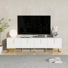 TV-Schrank, Lowboard With Structured Tür, TV-Möbel, Golden Griffen And Golden Füßen - White - View 3
