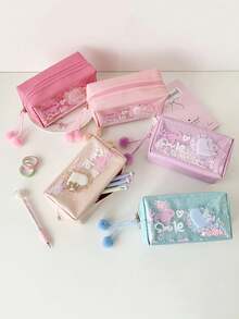 1个甜美少女闪亮粉色爱心化妆包 学生高级美妆文具笔袋 便携式洗手间收纳袋 - 彩色 - 查看 3