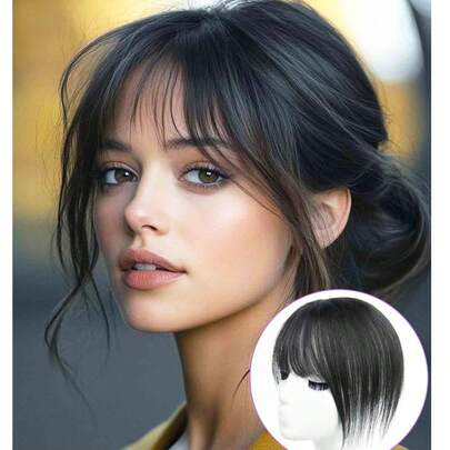 T型人发发片，带刘海，夹式设计 - 女士真人直发发片 - 自然黑色夹式接发，适合头发稀疏人群，T型分缝，日常佩戴，丝滑柔顺，造型百变，打造日常发型，柔顺直发，T型分缝，8-10英寸，自然黑色