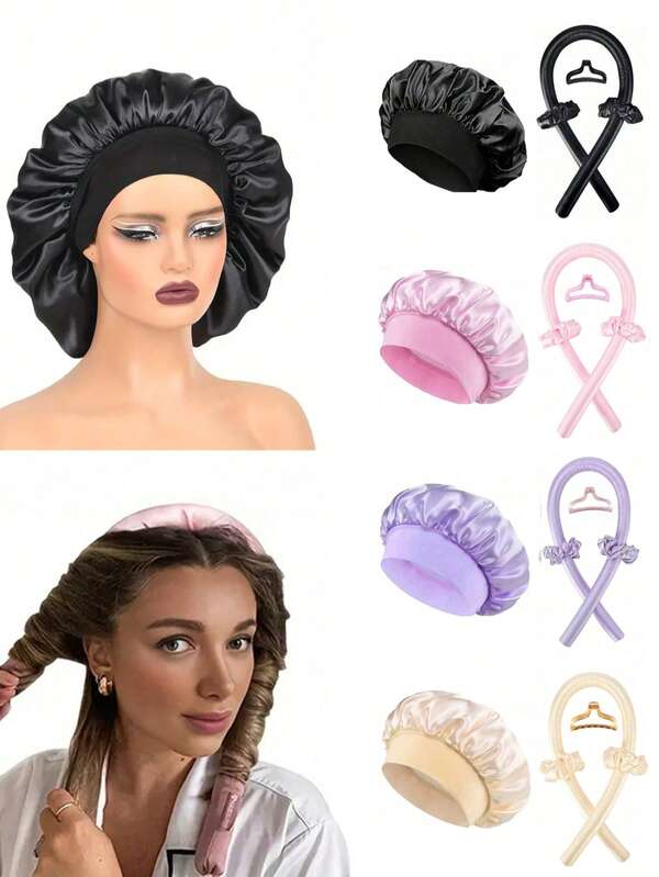 5pcs/Set No Heat Hair Curler And Satin Sleeping Cap Set, Heatless Hair Curling Headband, Hair Claw Clip, Hair Rings, Soft Sleeping Hat Includes Headband, Clip, Scrunchies & Bonnet For All Hair Types, Perfect For Long & Short Hair For Women Natural Curly