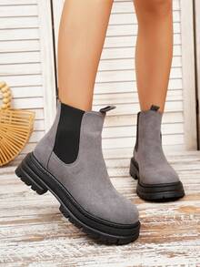 Botas cortas de ante para mujer, botas Chelsea con panel elástico, suela gruesa y tacón ancho de unicolor y punta redonda, botas de cigarrillo, botas de otoño/invierno - Gris - Ver 4