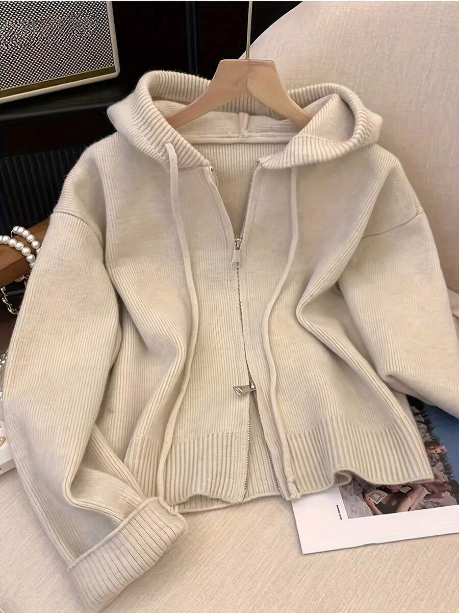 女士宽松短款纯色针织开衫，秋冬季 - 杏色 - 查看 1