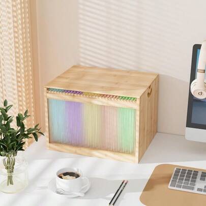 Bamboo File Box With Removable Lid File Organizer Box For Letter/Legal File File Box With Hanging Folders Acrylic Side Panel Light Easy Assembly File Storage Boxes For Home Office Natural