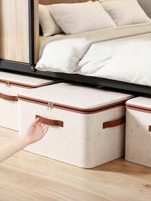 带拉链盖的储物箱，带织物盖的储物篮，可折叠可洗衣柜架子衣服整理器容器，带手柄（米色），带盖亚麻拉链储物盒 - 极简主义风格，可手洗，可折叠床下衣物收纳盒，卧室必备