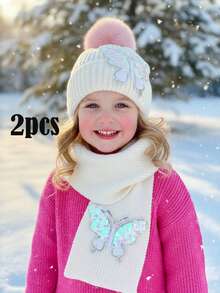 مجموعة قبعة وأوشحة مزينة بالترتر على شكل فراشة للأطفال البنات، مجموعة إكسسوارات شتوية دافئة - 2 قطعة - مشاهدة 7