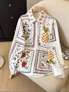 1. 女士衬衫，饰有四格花卉水果定位印花，长袖单排扣开衫，休闲衬衫，优雅精致的阿拉伯风格女士上衣，适合节日、宴会和聚会等场合穿着。 - 白色 - 查看 14