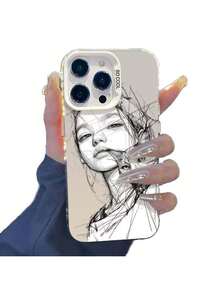 UE (DE et ES) Coque de téléphone 16 Apple 15 Nouvelle 14 Plus Coque rigide 12 Pro Couleur Argent X Convient pour le croquis de chat et de fille - Argent translucide - Voir 2
