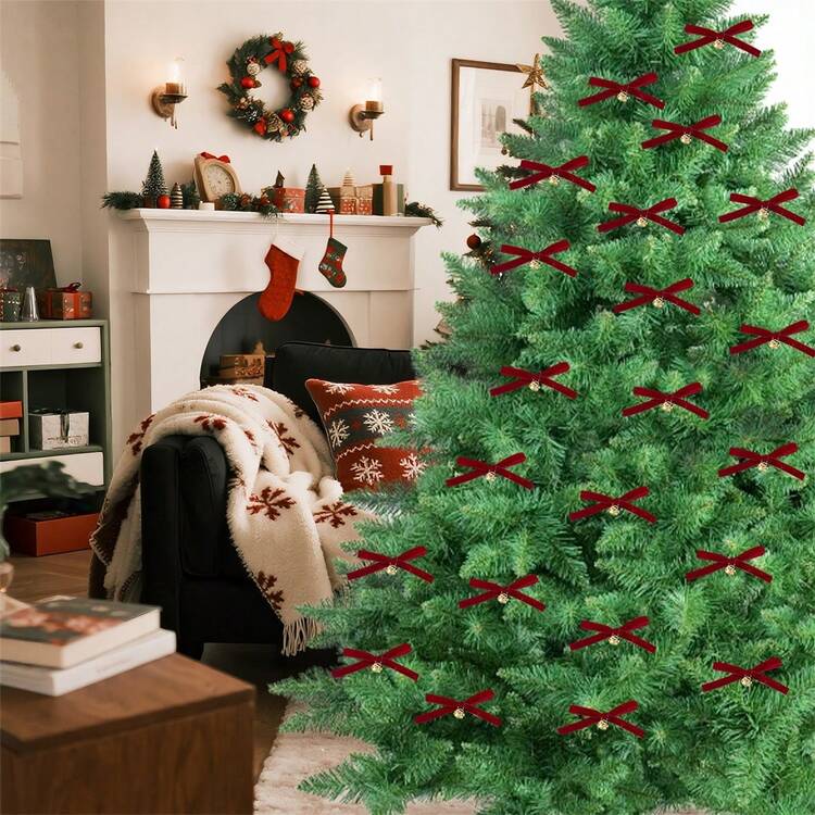 Adornos navideños de terciopelo con forma de lazo, adornos clásicos de campana, elegantes decoraciones colgantes para el hogar - Burdeos - Añade 2