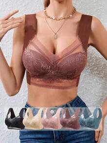 6 Pieces Women's Large Bra Gathered Soft Ice Silk Seamless Top Bra Lace No Wire Ring Summer Bra Tops Underwear - 彩色 - 查看 5