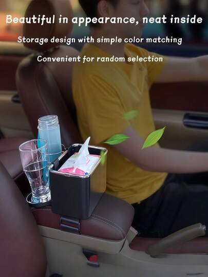 1 pieza Portavasos de coche y caja de almacenamiento de pañuelos, organizador automotriz multifuncional para la consola central y el reposabrazos, caja de almacenamiento compacta y creativa con compartimentos ocultos, material premium de alta calidad, accesorio interior del coche para fácil alcance, práctico soporte para rollo de pañuelos, compatible con espacio entre asientos, diseño ahorra espacio, fácil instalación, cabina limpia y ordenada, esencial de comodidad para viajes diarios y por carretera