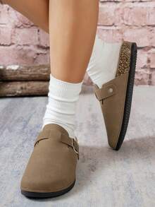 女士休闲纯色绒面革一脚蹬穆勒拖鞋，有保暖内衬和非保暖内衬版本 - 深棕色1 - 查看 4