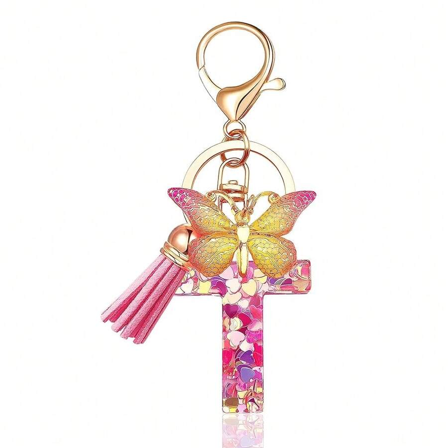 JINGUAZI Initial Letter Keychains For Women Tassel Butterfly Pink Purple Cute Car Keychain For Wallet Backpack Bag Charm{Inchcolor_nameinch:InchT-Pinkinch} - T-粉紅色 - 查看 1