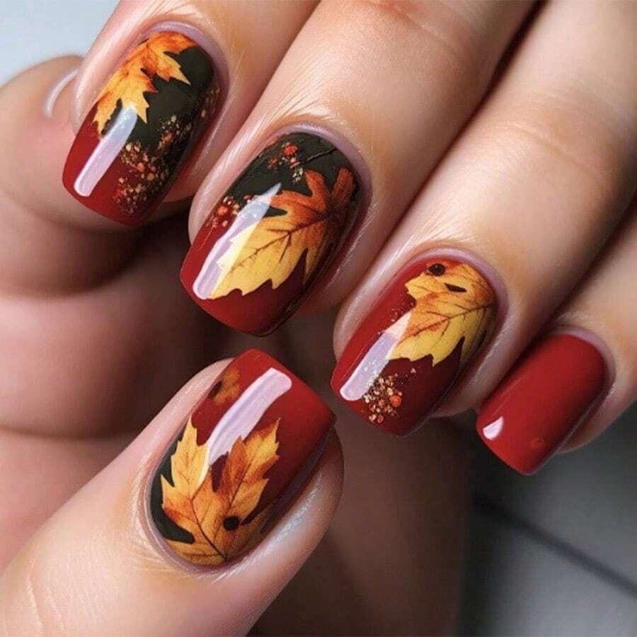 24 Romantic Maple Leaf Oval Short Nail Tips -  Euro-Style Chic Nails For Fall, Skin-Brightening To Make Hands Fairer, Cute Eye-Catching For Daily/Party Wear, Easy To Apply & Reusable Manicure Accessories, Lightweight Comfortable (No Bulky Feeling), Enhances Hand Slimness & Elegance, Versatile For Modern Stylish Outfits, Must-Have Nail Art For Elegant Women's Looks - 黃色 - 查看 1