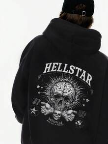 Men's Oversized HELSTAR Graphic Hoodie With Skull & Brain Print, Black Gothic Streetwear Sweatshirt, Retro Punk Style, Fall Winter Halloween Outfit, Hip Hop Casual Wear, Great Gift For Boyfriend/Husband, Men's Loose Fit Skull-Themed Hoodie - 黑色 - 查看 3