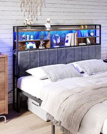 HaluPeit Headboard With 3-Tier Storage Shelves, Velvet Upholstered Head Board With 2 Outlets, USB Ports & LED Light, Soft Backrest For King/Queen/Full Size Bed - 鏽棕色 - 查看 1