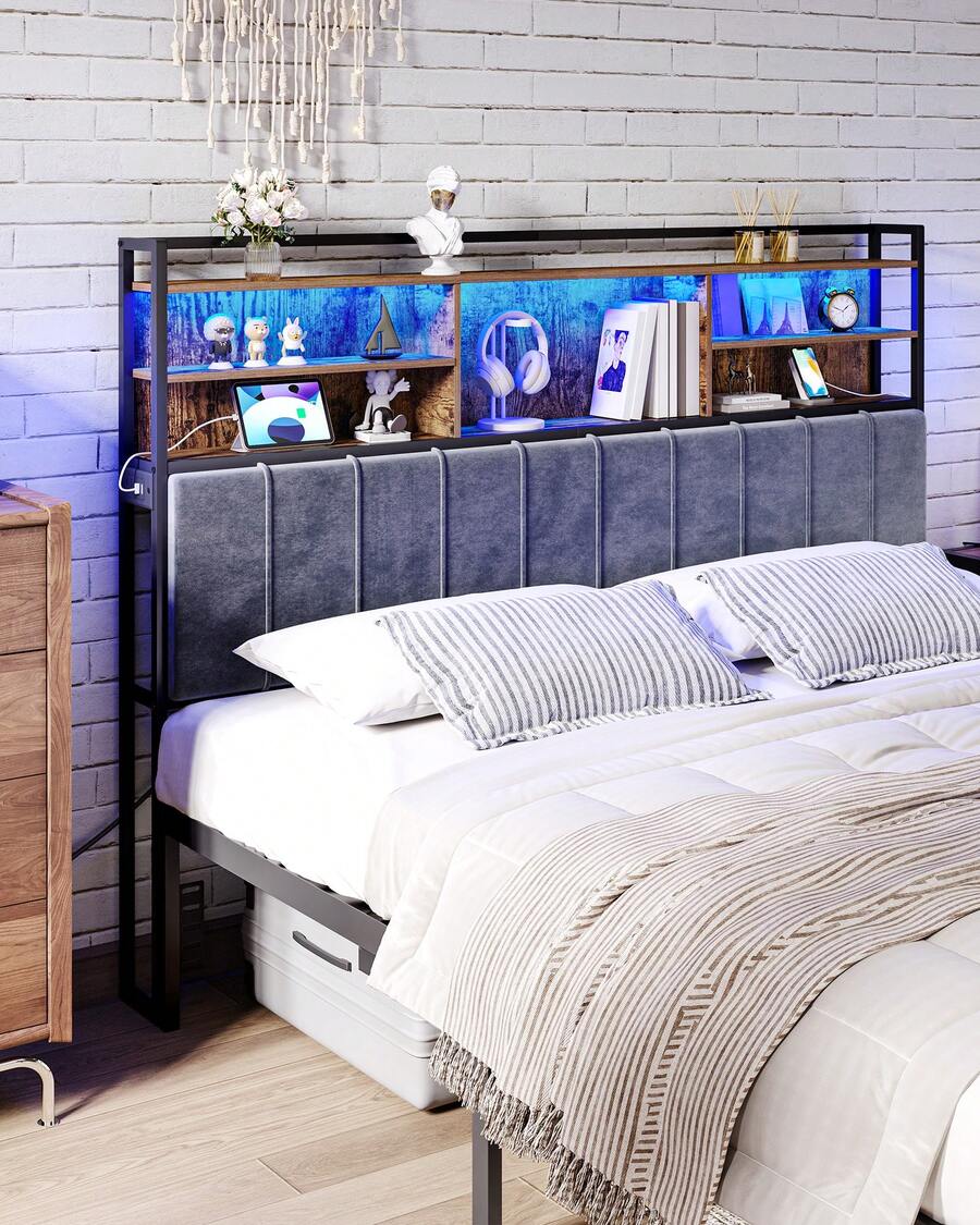 HaluPeit Headboard With 3-Tier Storage Shelves, Velvet Upholstered Head Board With 2 Outlets, USB Ports & LED Light, Soft Backrest For King/Queen/Full Size Bed - 鏽棕色 - 查看 1