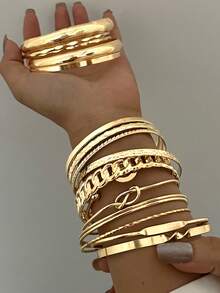 15pcs/Set Fashionable, Elegant, Delicate, Vintage, Geometric, Knot, Beaded, Multi-Layer, Braided, Textured, Smooth, Minimalist, Metal Bangle Bracelet Set, Suitable For Holiday, Party, Date, Gift, Daily Wear - Yellow Gold - View 2