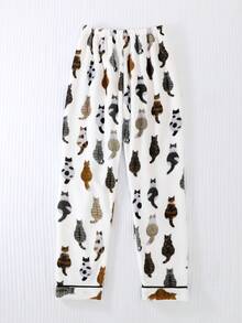 2 piezas Conjunto de pijama de franela para mujer, parte superior con cierre de botones de solapa de manga larga, pantalón largo, ropa de casa gruesa y cálida para otoño/invierno, estampado de gatitos en todo el diseño, ropa cómoda