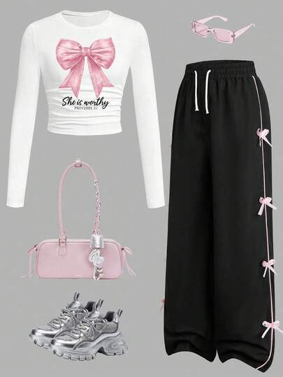 青少年女孩蝴蝶结印花长袖上衣和蝴蝶结装饰休闲裤套装