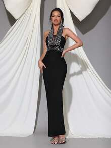 新款性感露背无袖奢华金属亮片紧身连衣裙，优雅伴娘礼服，适合婚礼、节日派对、正式晚宴等场合 - 黑色 - 查看 3