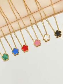 1pc Stainless Steel Four-Leaf Clover Pendant Necklace, Minimalist Everyday Wear Lucky Flower Charm Necklace For Women - Golden Five-leaf Clover Necklace - View 12