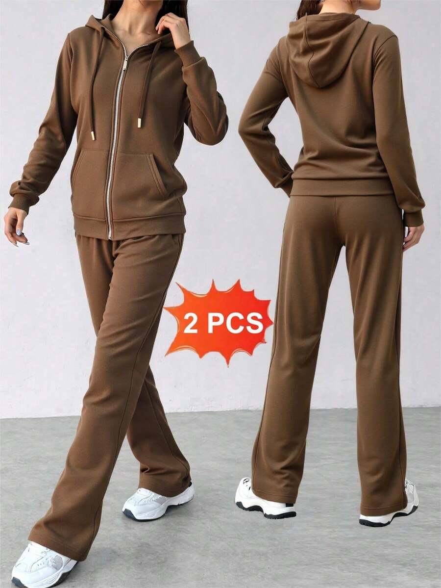 Conjunto de sudadera con capucha y cremallera para mujer -pantalones de pierna ancha, estilo casual y moderno, ideal para múltiples ocasiones. Tela suave y transpirable, diseño con detalles en negro y oro, - Marrón claro 1 - Ver 1