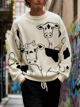 Suéter con estampado clásico de vaca, holgado y casual, cuello redondo, manga larga, para otoño/invierno, unisex