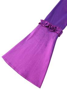 优雅加大码紫色中长连衣裙，女款，长喇叭袖，圆领，饰有3D玫瑰花，A字裙摆，适合派对和春季穿着。 - 紫色 - 查看 7