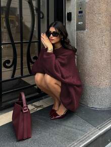 Áo len nữ dáng rộng cổ tròn, kiểu dáng tối giản, màu trơn, phong cách retro, hoàn hảo cho năm mới, Giáng sinh và Ngày Valentine. - Màu đỏ - Xem 8