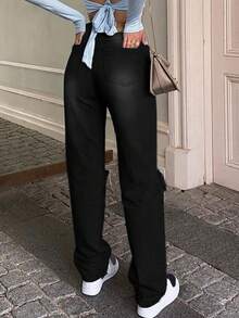 Womens Casual Black Denim Ripped Straight Leg Jeans With Pockets And Zipper Long Plain Style - 黑色 - 查看 2