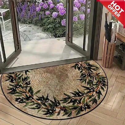 1pc Semi-Circle Entrance Mat, Vintage Style Stone Flower Pattern, Green Plant Print, Non-Slip Bottom, Suitable For Indoor/Outdoor Kitchen, Bedroom, Foyer, Outdoor Doormat, Durable, Machine Washable, Home Floor Decor, Gift, Perfect For Decorating Your Home!
