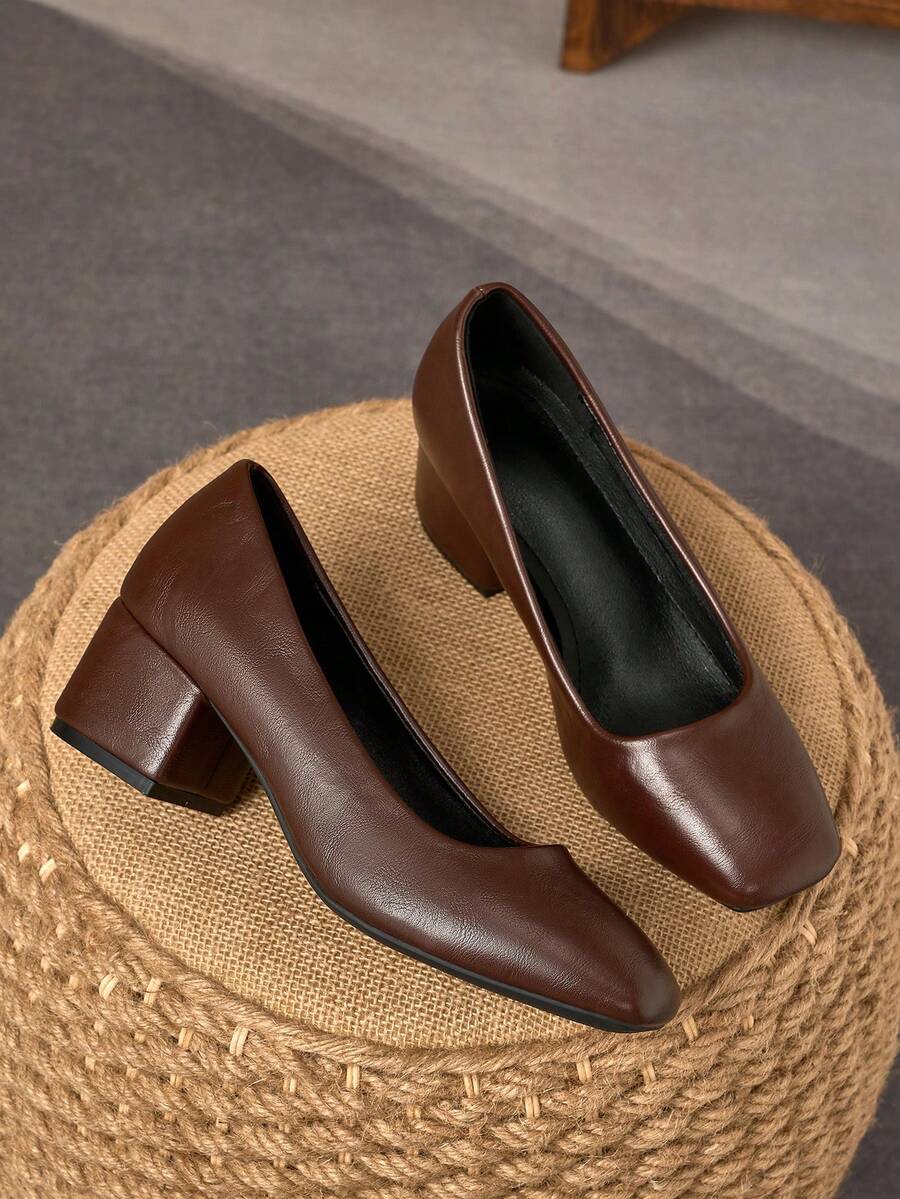 MonaNise Women's Fashion Square Toe Low Vamp Contrast Color Pumps, Suitable For Vacation, Travel, Shopping, Outdoor, Retro Brown Casual, Navy Blue Versatile High-End Black High Heel Shoes - Brown - View 1