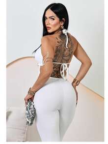 Macacão Perla - Macacão Feminino Calça Skinny Com Decote E Amarração No Pescoço e Costas Frente Única Costas Nua Vestidos Femininos Conjuntos Femininos Festas Formal Balada Palco E Concerto Verão 2026 - Branco - Visão 2