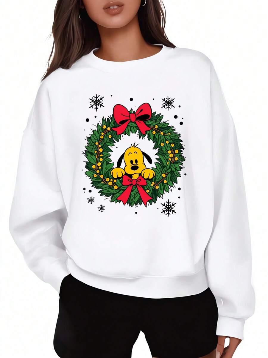 Christmas Sweatshirt Black Mickey Mouse Wreath Print Holiday Party Wear - White - View 1