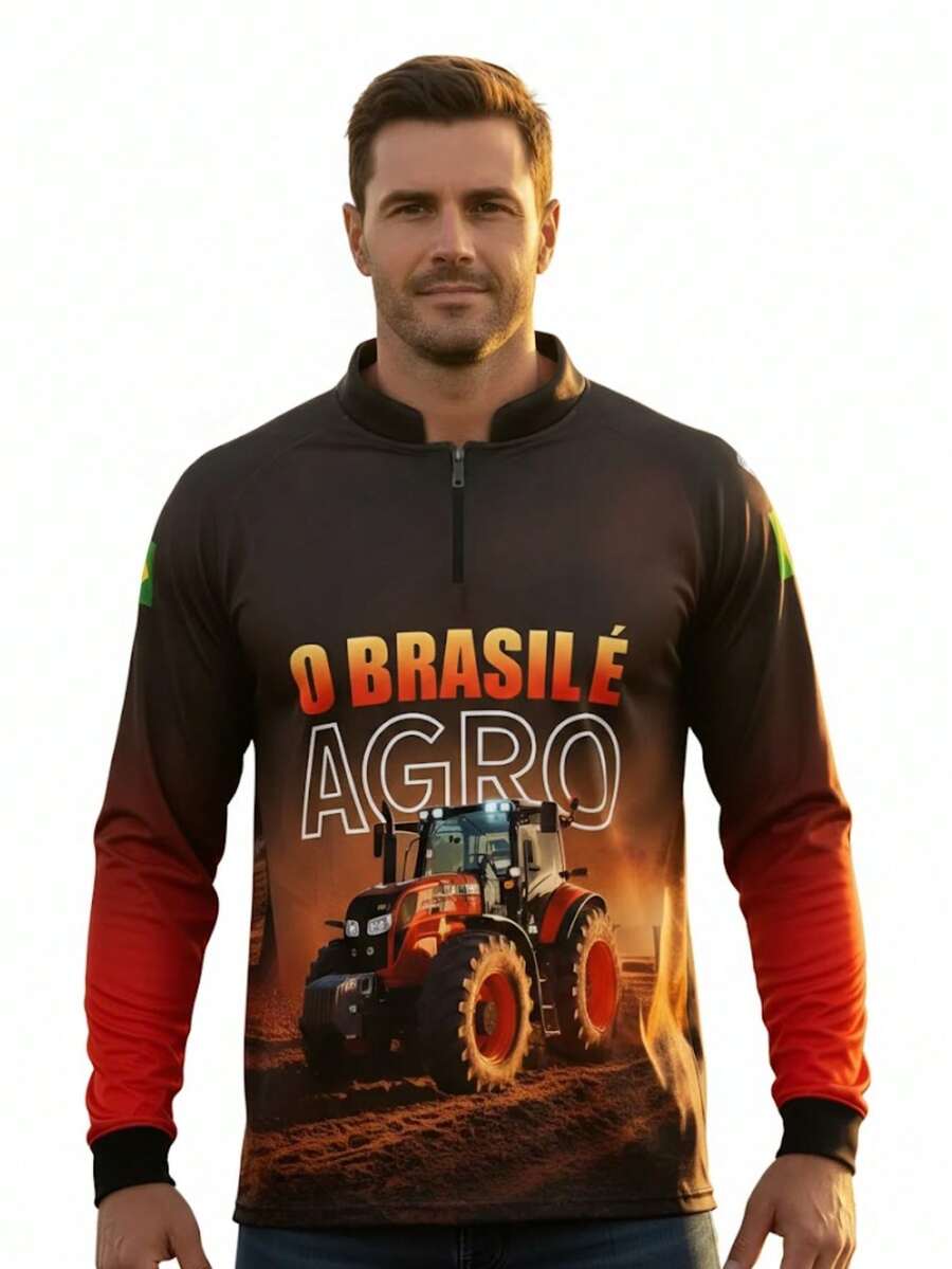 Camisa Camiseta Blusa Agro Trator Vermelho o Brasil é Agro Com Proteção Uv50 - Vermelho - Visão 1