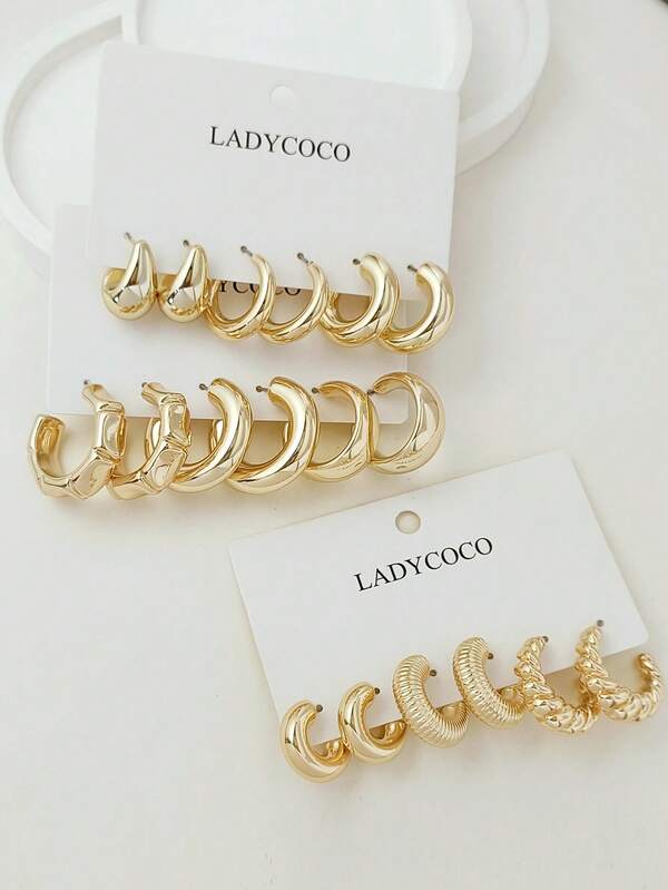 9 Pairs Elegant Geometric Teardrop & C-Shaped Golden Earrings Set, Suitable For Women's Daily Wear