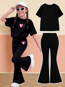 Girls' Clothes T-Shirt Two Pieces Set And Slim-Fit Elastic Bell-Bottom Pants, European And American Summer Set, Fashionable Multi-Color Suitable Daily Travel. - Black - View 3