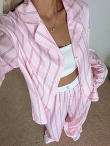 Nina Bonheur 两件套女士宽松舒适透气条纹长袖上衣和裤子睡衣套装，适合居家休闲、秋冬季穿着。 - 粉色 - 查看 4