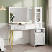 47.5" Big Modern Vanity  With Mirror And Lights, Fluted Makeup Vanity With Glass Top, Vanity Desk With 2 Drawers & Glass Cabinet, Wood Vanity With Storage Cabinet,3 Lighting Modes For Bedroom,Gift For Girls Women - 查看 9