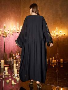 大码女式纯色提花面料优雅长袖连衣裙，饰有滚边细节，面料柔软，适合多种场合，两件套阿拉伯风格连衣裙，假日休闲黑色春季款 - 黑色 - 查看 2