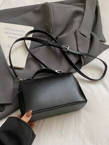 Dedoo 1 chiếc túi đeo chéo vuông bằng da PU màu trơn vân vải, ví nhỏ dành cho nữ, phù hợp để phối đồ hàng ngày, túi xách nữ màu vàng kem thời trang. - màu đen - Xem 7