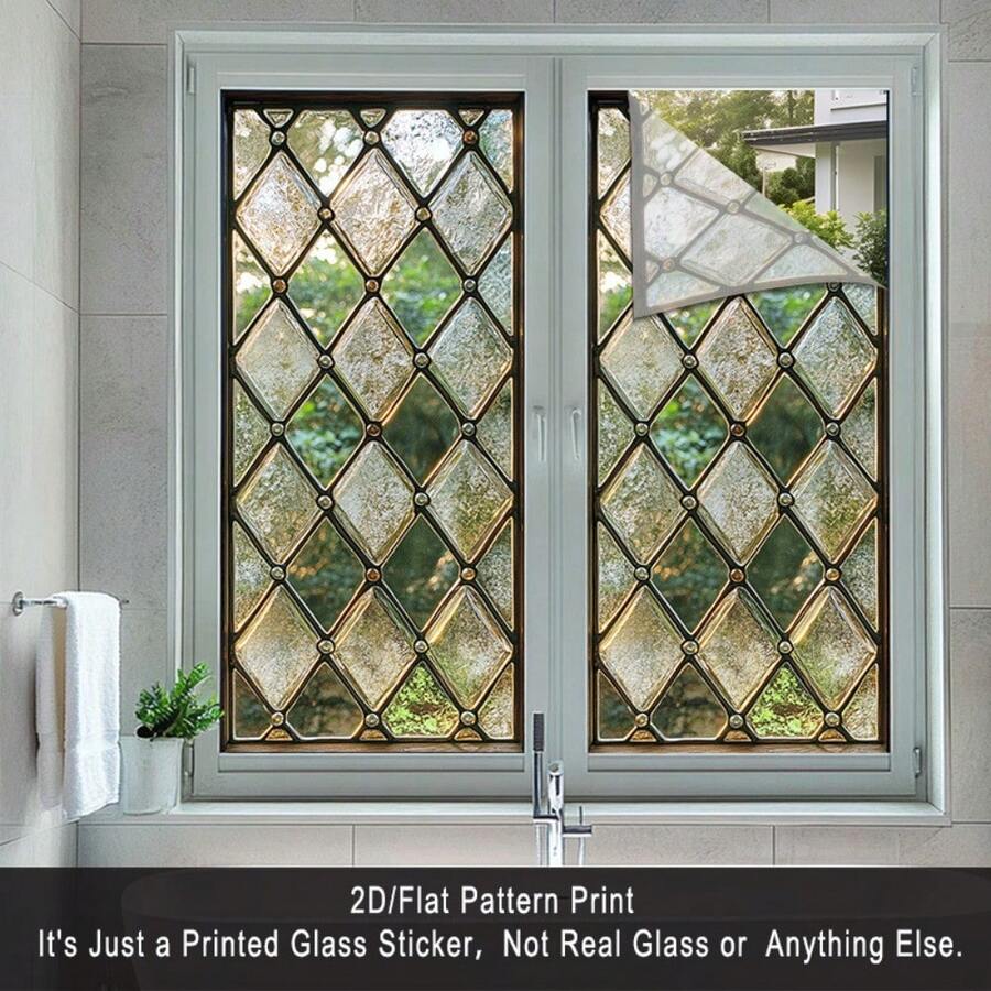 2D Flat Surface, 1 Piece Of Window Sticker, 2D Flat Surface Retro Diamond-Shaped Pattern PVC Electrostatic Adsorption Window Film, Retro-Style Home Decoration Window Film Decals For Living Rooms And Studies, Privacy Protection + Retro Texture, Custom Sizes Available, Home Decoration, Retro Geometric Design, Artistic Window Decoration, Electrostatic Adsorption, Durable Material, Adhesive Film, 2D Flat Surface, Window Decoration Film - 17.72*39.37吋(45*100公分) - 查看 1