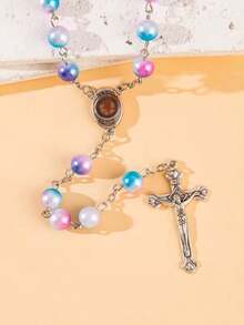1pc Handmade Multicolor Beaded Cross Necklace, Rosary, Virgin Mary Medal And Jesus Cross Pendant
